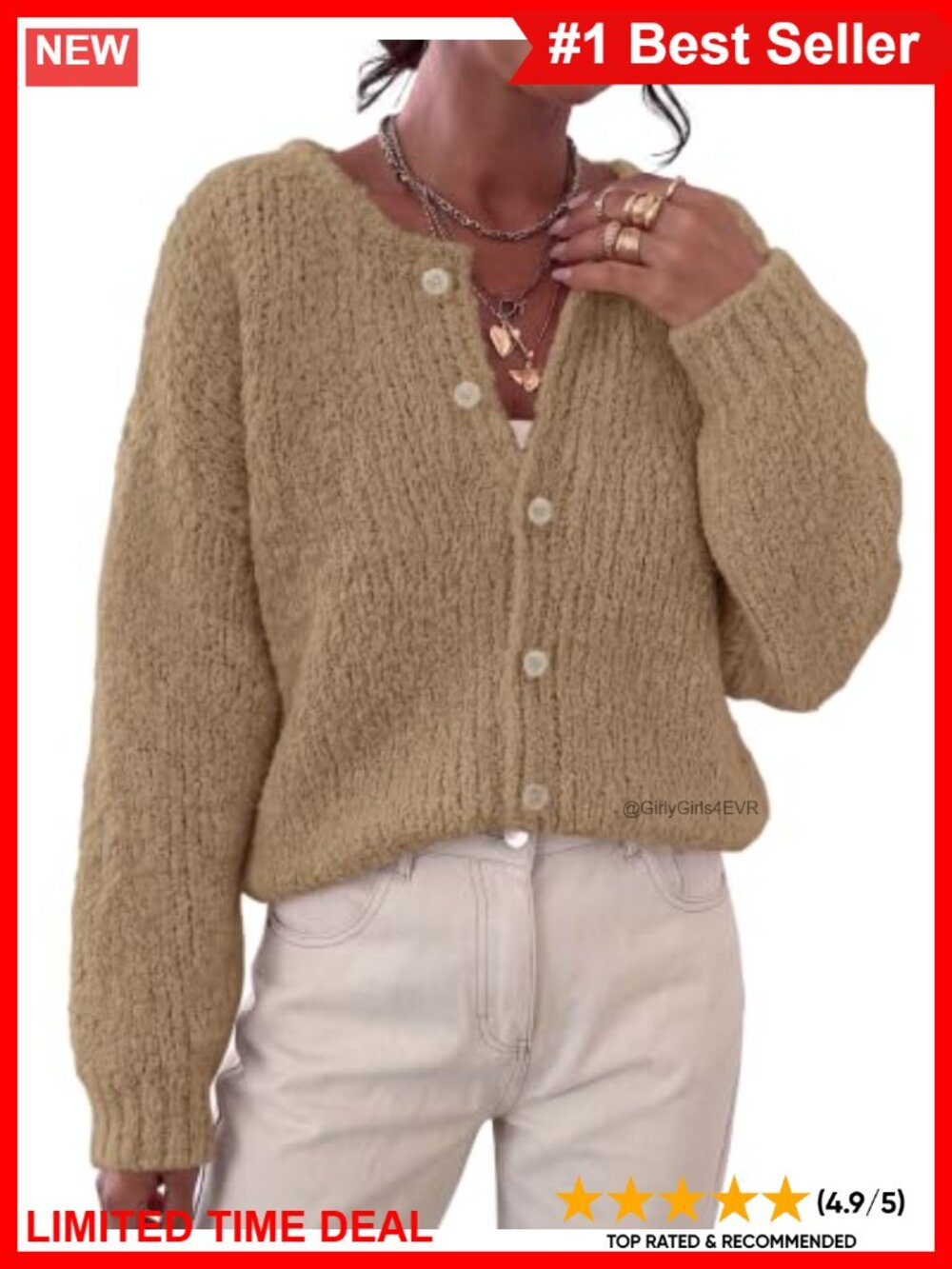 Chunky Knit Button Up Cardigan Sweater Crewneck Long Sleeve